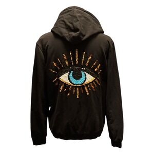 Vinizbena Black Full-Zip Sequined Evil Eye Hoodie, Large, Designed in Italy